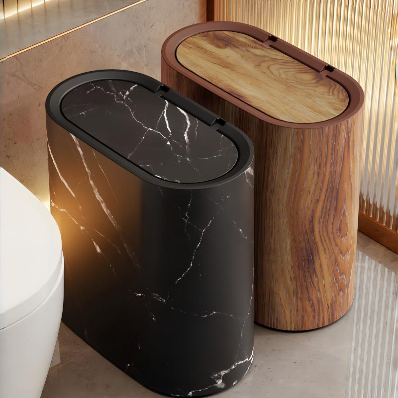 Modern Slim Marble-Pattern Trash Can with Lid, Elegant Narrow Waste Bin for Bathroom, Kitchen & Living Room, Eco-Friendly, Space-Saving Design