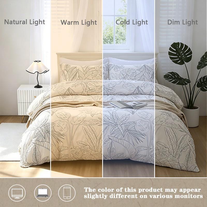 3-Piece Minimalist Line Tropical Leaf Printed Bedding Set, 1 Duvet Cover (No Insert) + 2 Pillowcases (No Insert), Soft Fabric with Easy Removable Zipper, Elegant Bedroom Decor, Spring & Summer New Duvet Cover