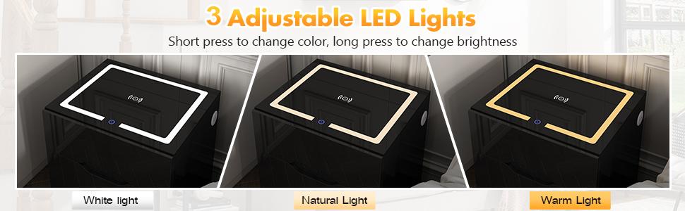 Smart Nightstand with Wireless Charging Station & Adjustable LED Lights, High Gloss End Table with 3 Drawers & USB Charging, Bedside Table Organizer for Bedroom Use