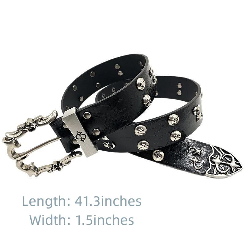 Faux Leather Studded Belt Set with Metal Buckle, Y2K Punk Accessory AEXHOT 3 Pcs Black Studded Belt Y2K Belt Faux Leather Star  main image 4