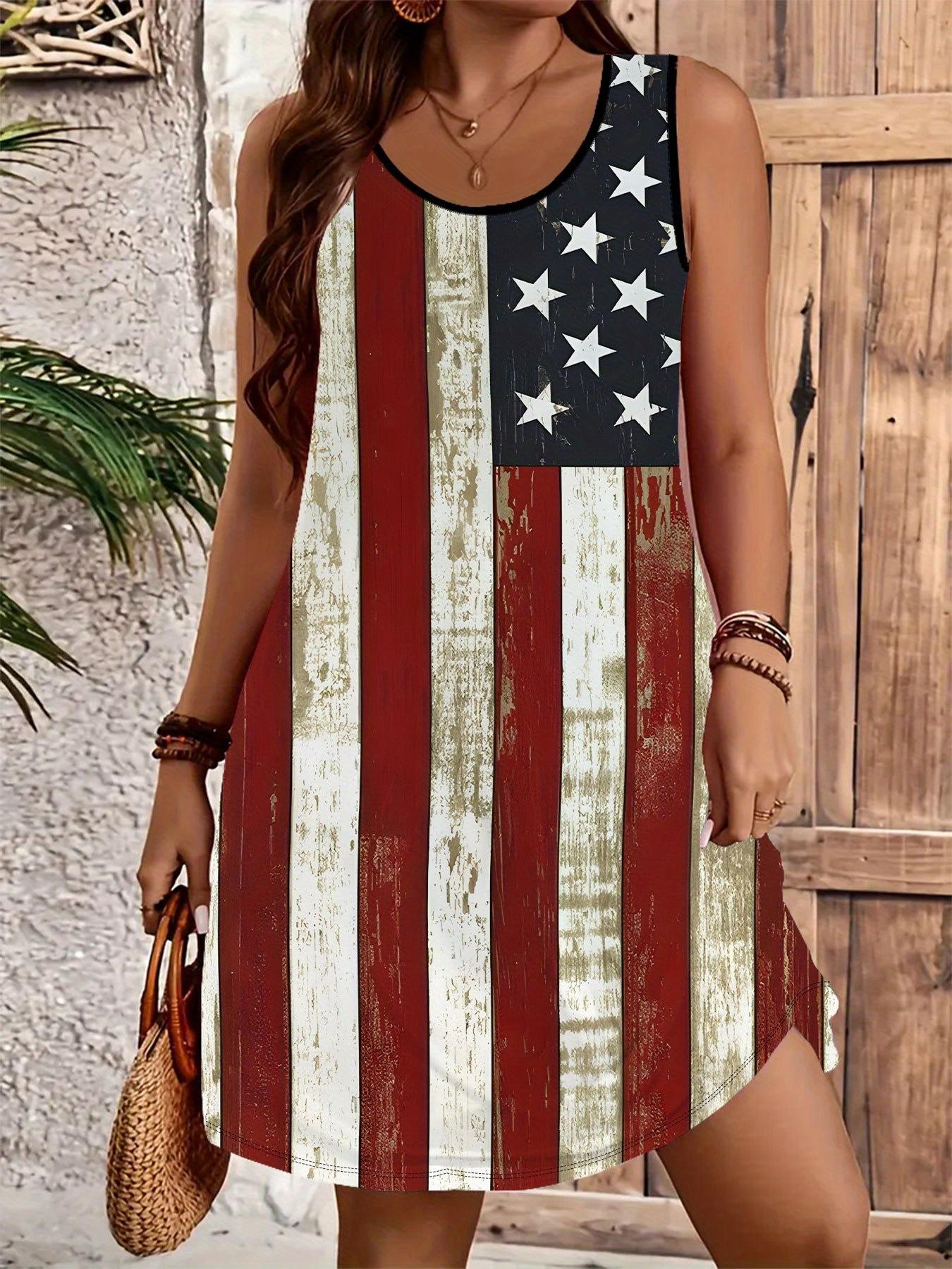 Women's sleeveless A-line dress featuring a U.S. flag print, perfect for celebrating Independence Day