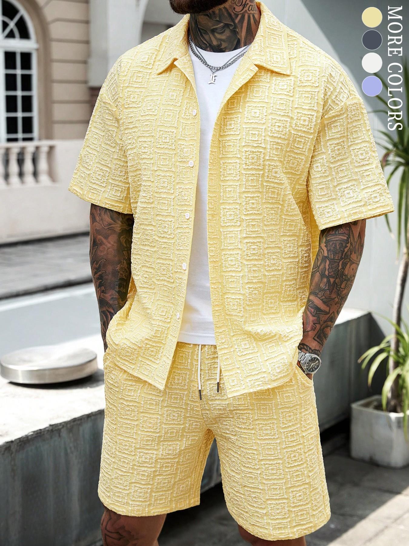 Men's Two-Piece Set Plain Short Sleeve Shirt and Shorts, Casual Button-Down Top and Shorts, for Summer Vacation and Beach