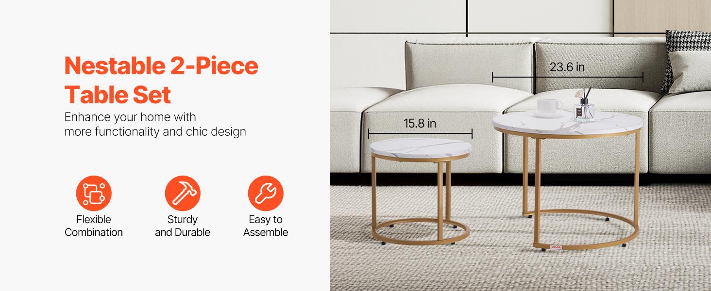 VEVOR Nesting Coffee Table Set of 2, 23.6 in Round Coffee Table, Nesting Tables for Small Place, Vintage End Side Tables Night Stand with Metal Frame, for Living Room, Bedroom, Office (White Gold)