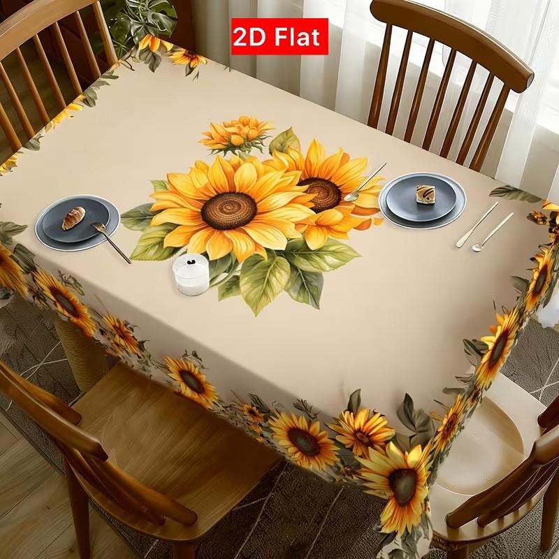 2D Flat Party Tablecloth 1pc, Sunflower Print, Floral Edge Design, Festive Outdoor Decor, No Power Needed, Perfect for Parties and Patios