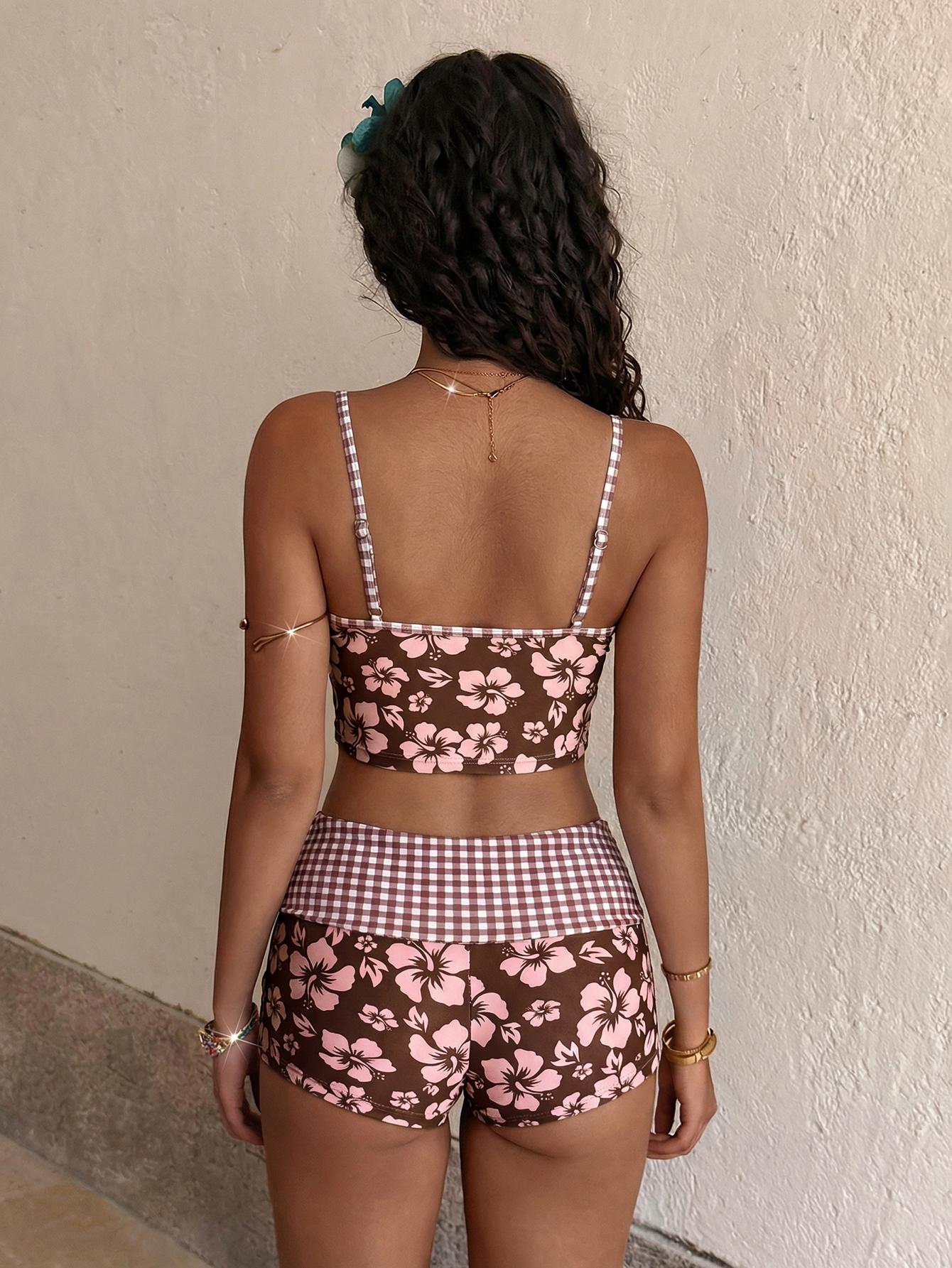 PEPPERMOLLY Women's Tropical Hibiscus Floral 2-Piece Tankini Swimsuit Set - Cami Tankini Top, High Waist Swim Shorts, Trendy Summer Beachwear Bathing Suit for Women, Two Piece Set,summervibes
