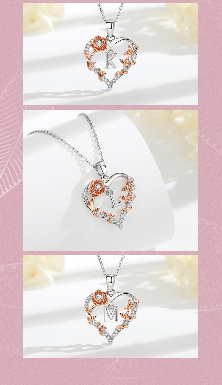 Personalized Letter Heart Necklace, Custom Initial Pendant Charms, Perfect Valentine’s Day Gift for Girlfriends, Moms, RoseGold Flower Jewelry