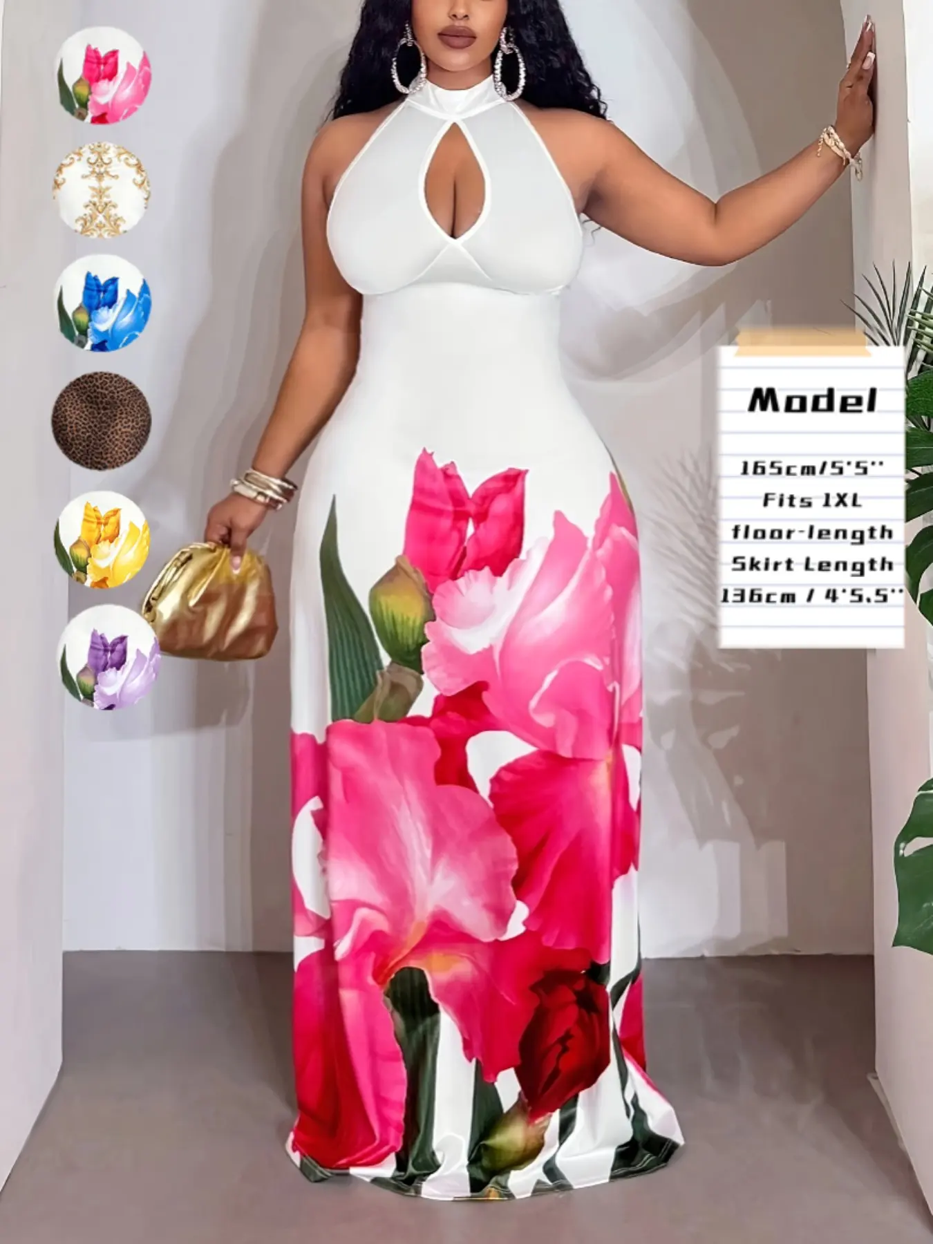 Plus Size Floral Print Halter Cut Out Bodycon Dress, Sexy Sleeveless Maxi Dress, Summer Wear