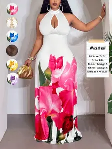 Plus Size Floral Print Halter Cut Out Bodycon Dress, Sexy Sleeveless Maxi Dress, Summer Wear