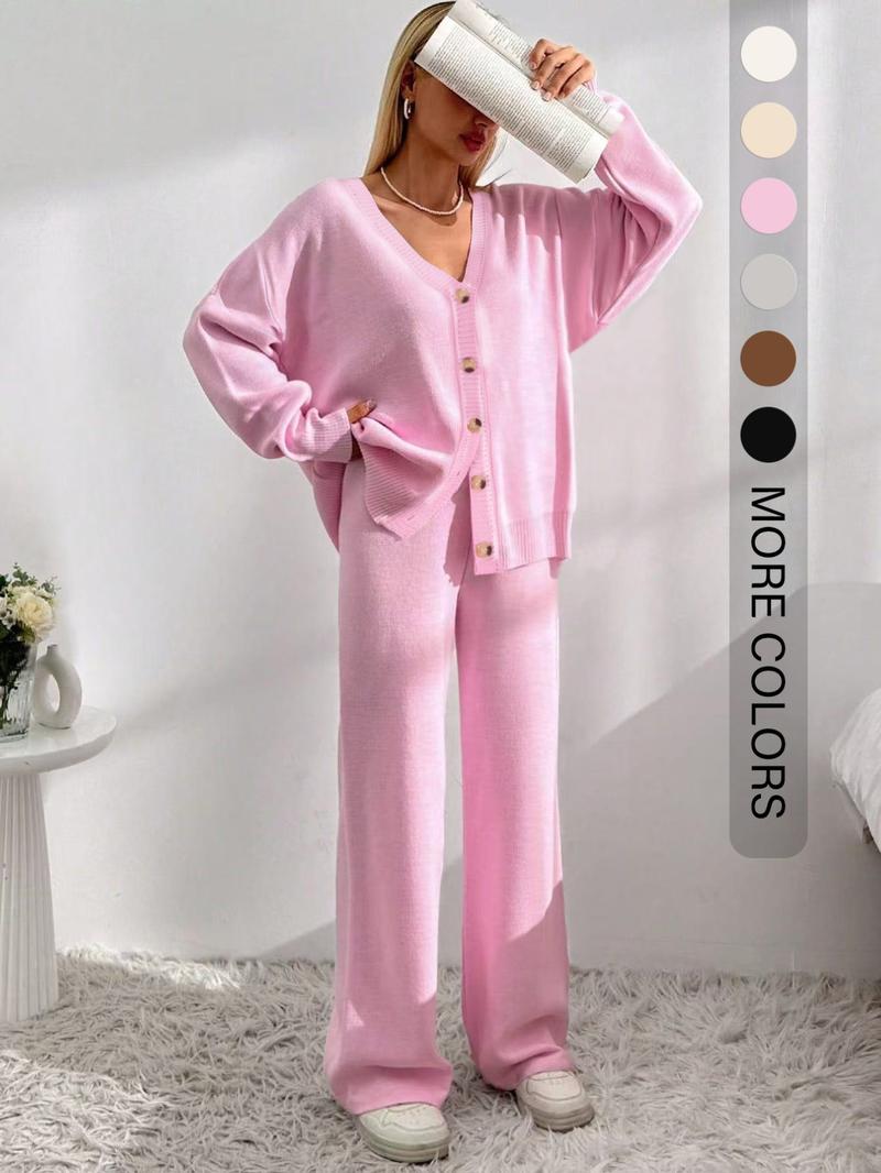 Women's Solid Button Front Drop Shoulder V Neck Cardigan & Elastic Waist Wide Leg Pants Two-piece Set, Matching Clothing Set, Casual Fashion Cozy Minimalist Knitwear Set for Daily Outdoor Wear, Women's Knitwear for Fall & Winter
