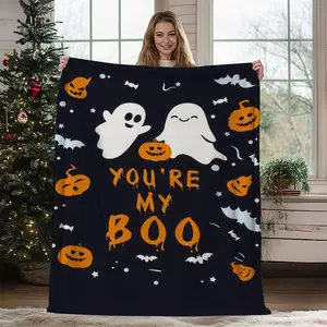 1Pc Halloween Ghost Throw Blanket, You'Re My Boo. A Cozy, Soft, And Warm Decorative Blanket Suitable For The Sofa, Bed, Or Living Room, Perfect For Indoor And Outdoor Use. A Fun Holiday-Themed Full-Size Gift Decor Blanket