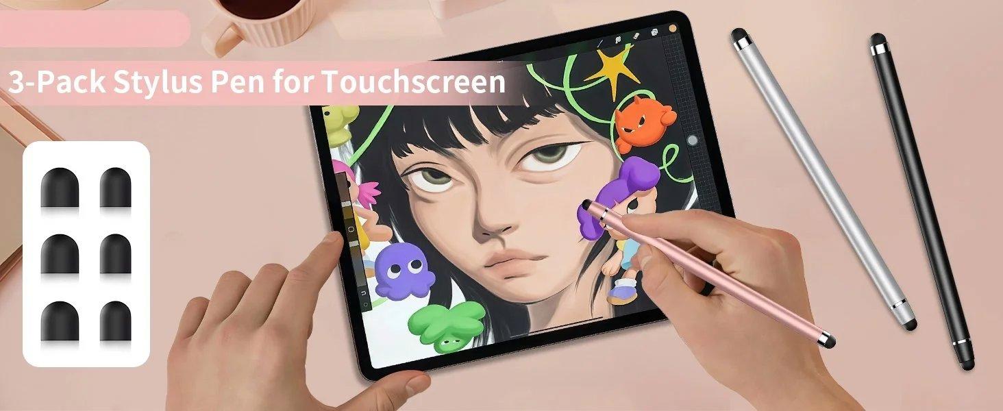3 PCS Stylus Pen for Touchscreen,2-in-1 High Precision Stylus,Stylus Pen for iPad/iPhone/Android Tablets and Capacitive Touchscreens(Black/Silver/Rose Gold