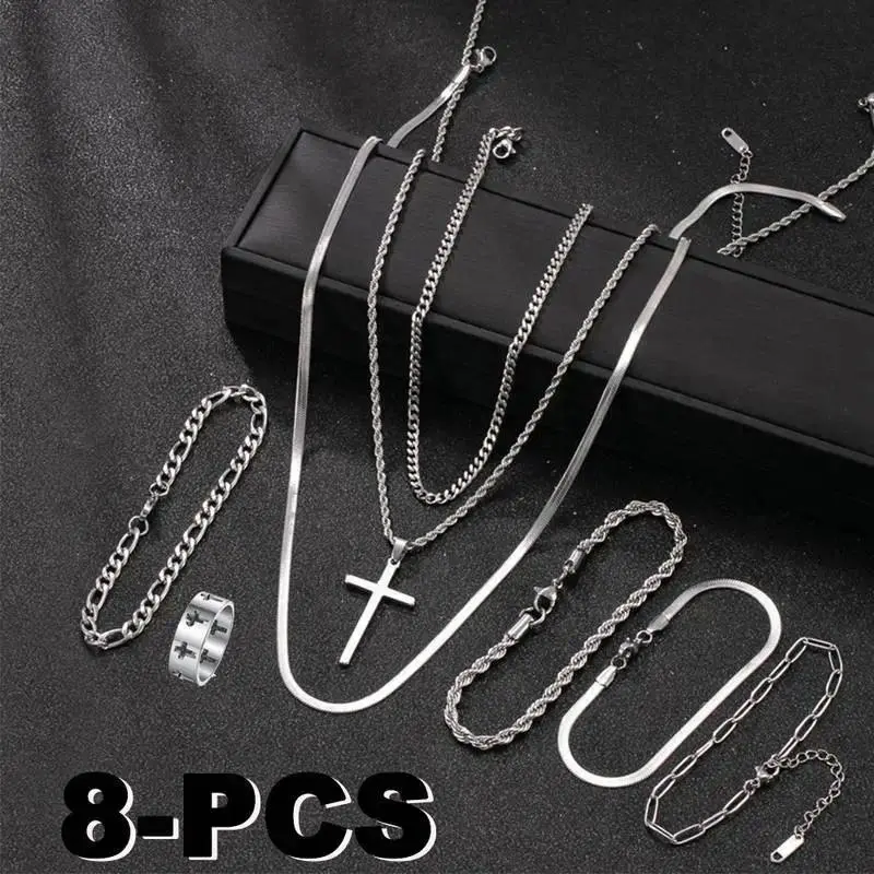 8Pcs Men Stainless Steel Hip Hop Jewelry Set, Cuban Link Chain + Stackable Bracelets, Mix & Match Streetwear Accessories, Gift for Boyfriend Birthday Anniversary