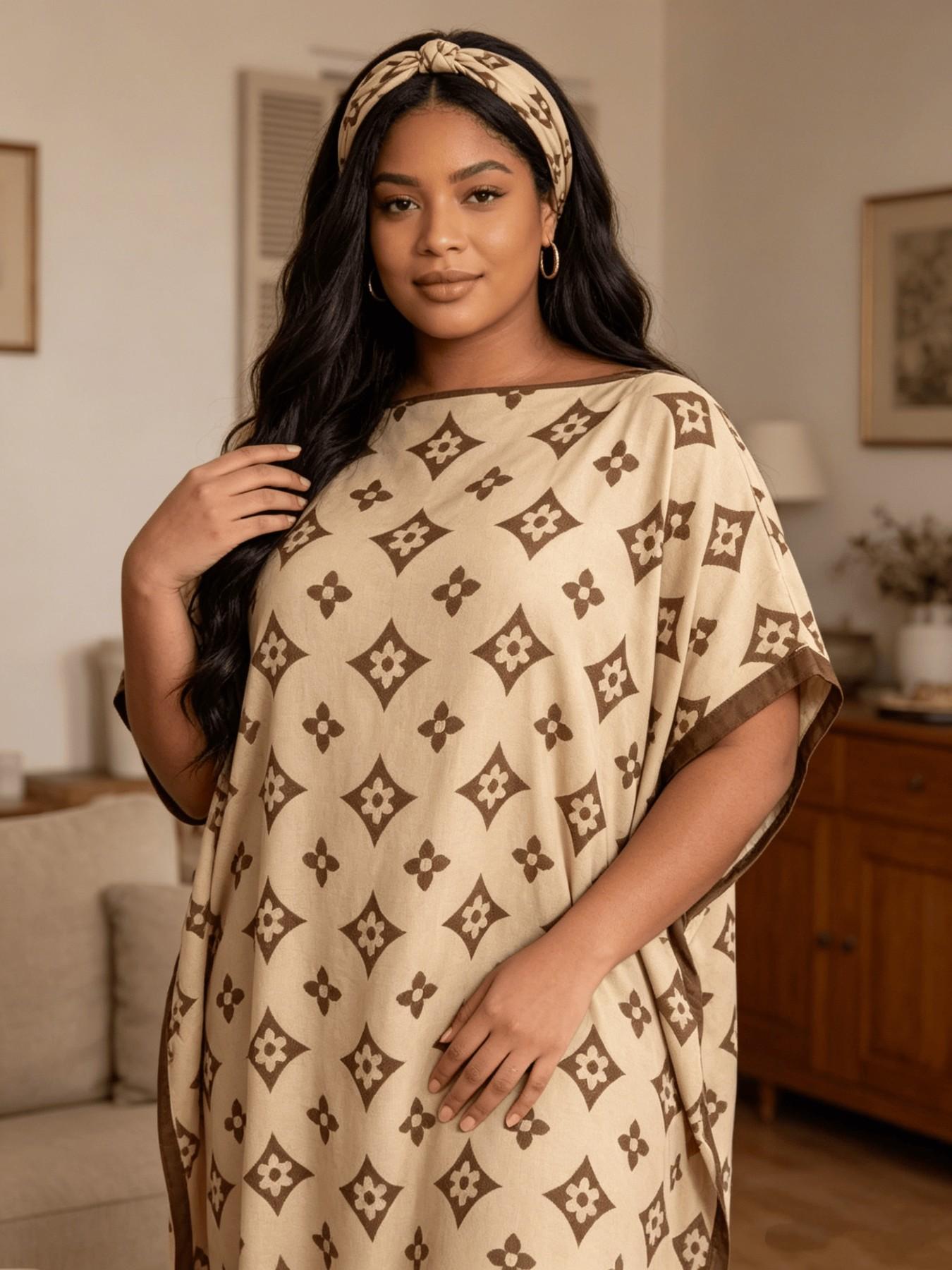 Beige Brown Four-Leaf Clover Print Aesthetic Kaftan Two Piece Set With Matching Scarf, Oversized Split Hem Maxi Robe, Soft Casual Loungewear Beach Night Dress, Fits Plus Size Curvy Figures