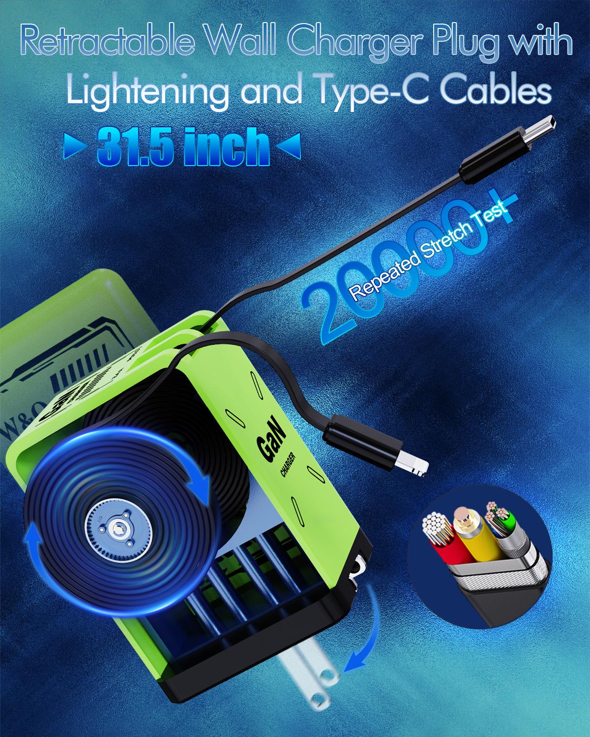 Gan Fast charger Retractable Charger Folding Charging 2-in-1 Cable (Type C/IOS) Fast Power Adapter Travel & Home Essential