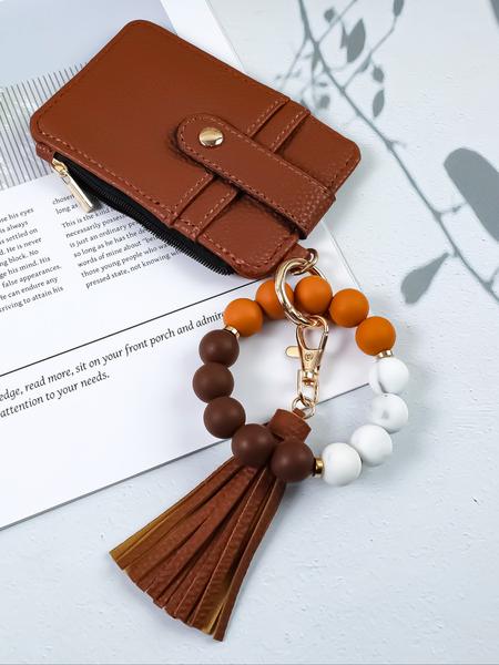 1pcs minimalist style, featuring marble-patterned silicone beads handcrafted into a western cowboy bag, wrist keychain, women's wallet card holder, bracelet key ring, Keychain Wristlet, perfect gift for friends or mothers