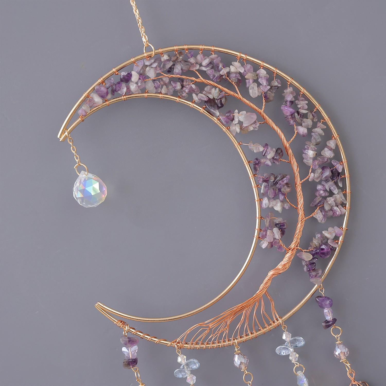 Gemstone Moon Suncatcher - Copper Wire Wrapped Tree of Life & Natural Agate Slice Wind Chimes, Crystal Rainbow Maker for Home Window, Garden & Wedding Decor, Perfect Birthday Gift