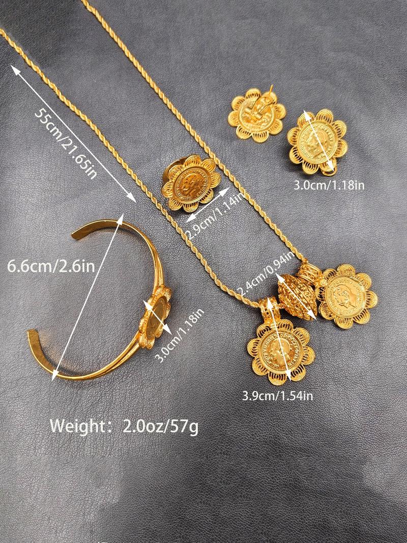 24K Gold Middle Eastern Luxury Vintage Coin Set: Multi-layered Bracelet, Necklace, Ring and Earring Collection - An Exclusive Celebratory Jewelry Gift for Women, Elegant Jewelry Set