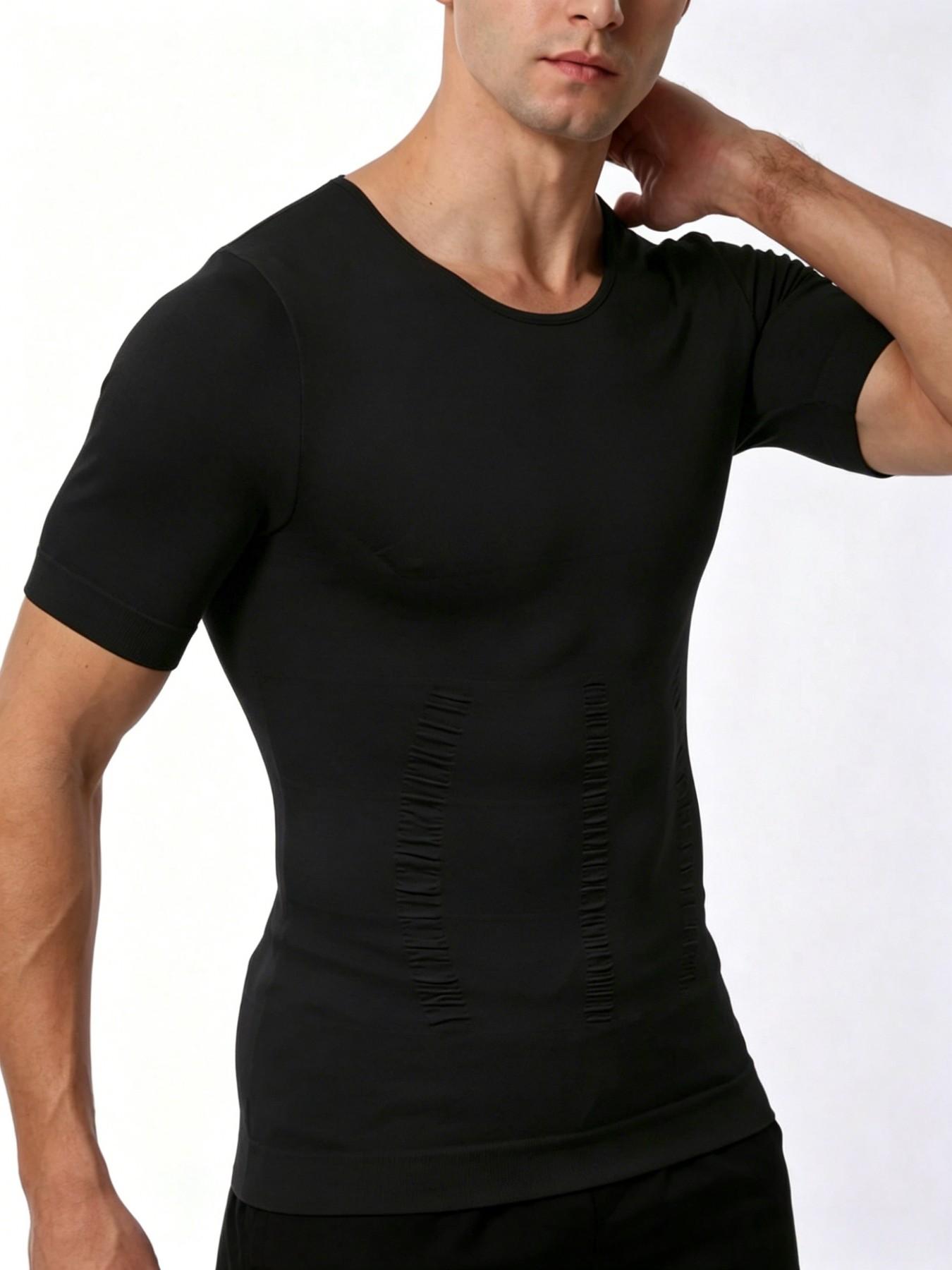1 Count Men's Sports Tummy Control Firm Support Shapewear Tops, High Elasticy Fashion Style Body Shaper Tshirt, Breathable Comfortable Chest Abdomen Smoothing Base Shaping Top, Suitable for Daily Wear & Gym & Office Wear