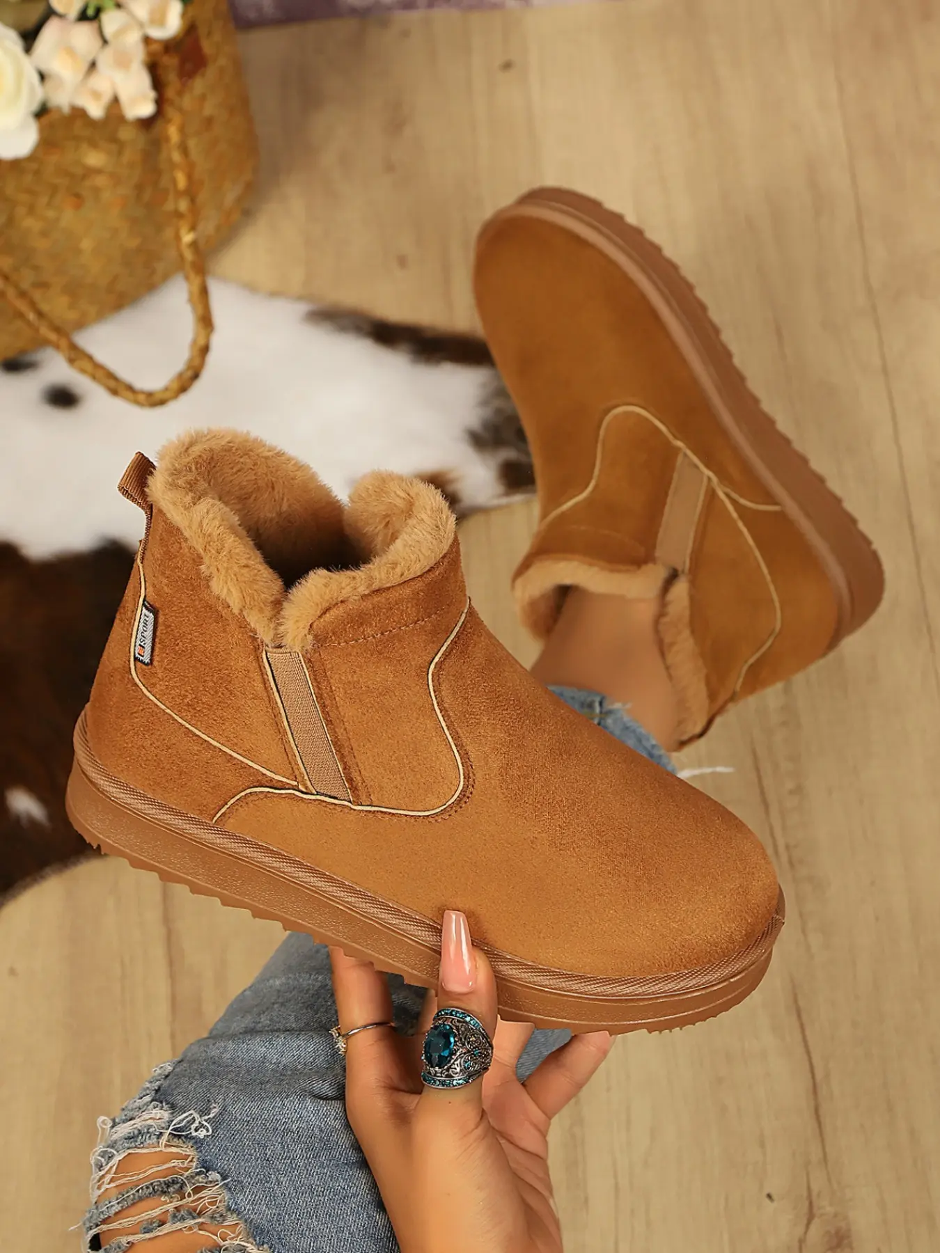 Women's Simple Frosted Slip-On Snow Boots, Thick Plush Lining, High Heel, Winter Warm Cotton Shoes, Multi-Purpose Comfortable