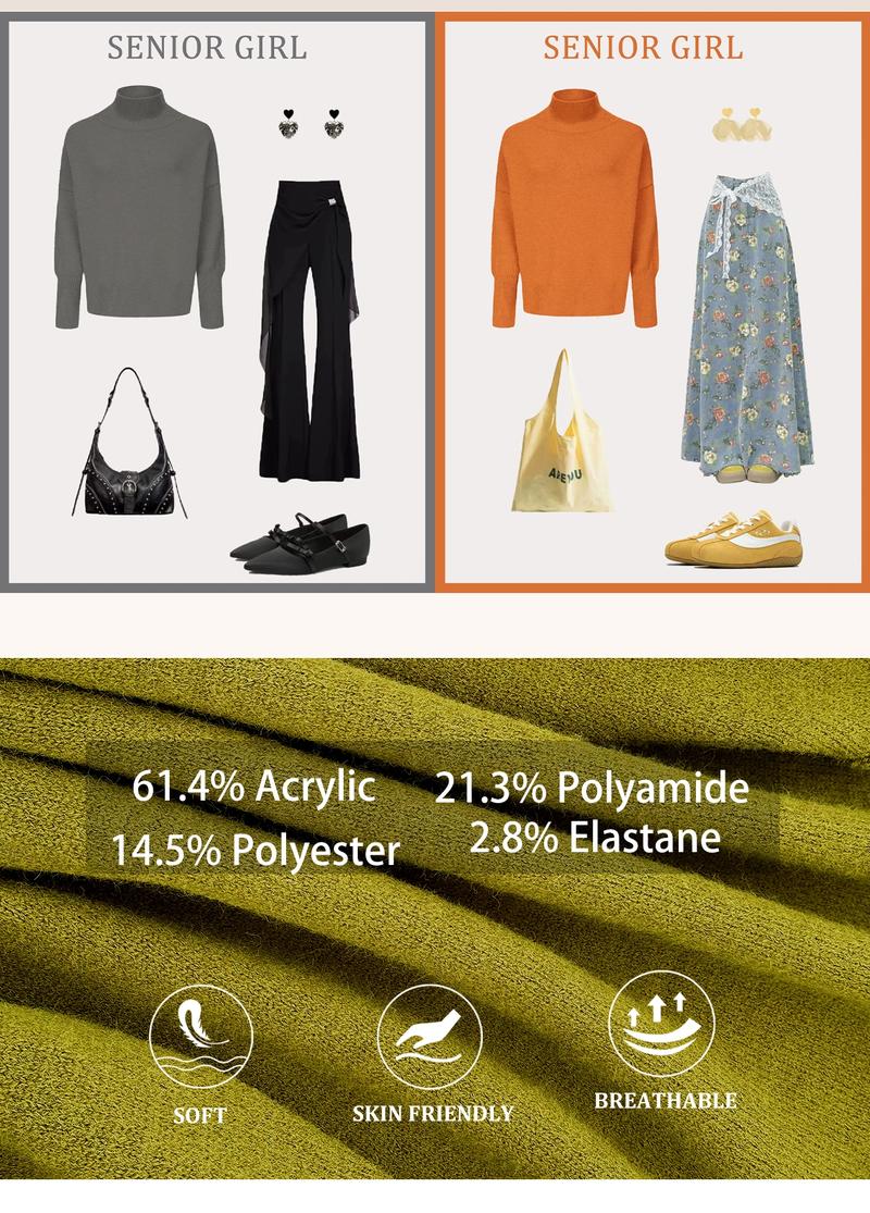 Autumn Winter Women's Sweater, High Neck Loose Casual French Style Knitwear, Elegant Simple Solid Color Pullover, Long Sleeve Knit Top