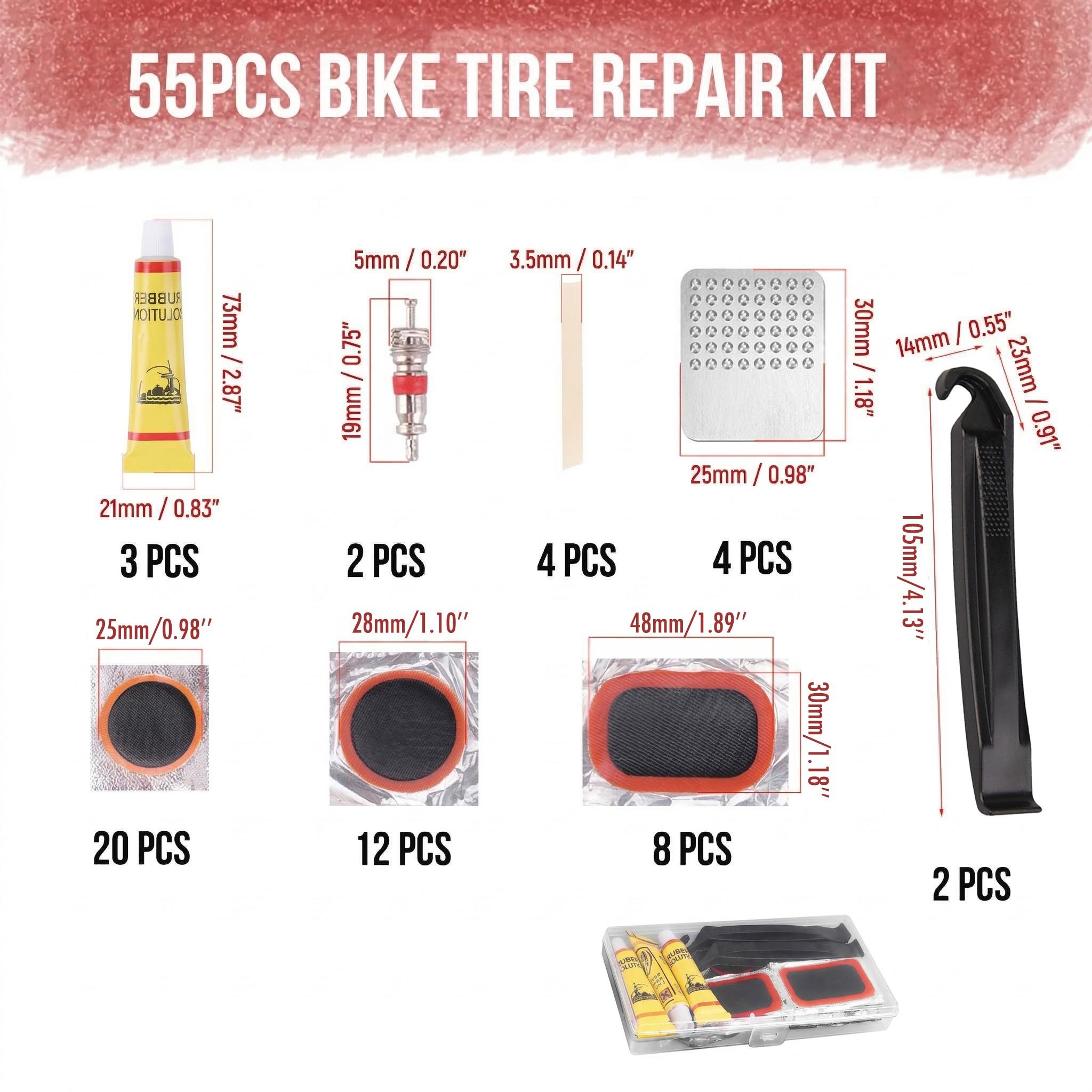 55-Piece Bike Tube Patch Repair Kit with Levers and Glue, Essential Tire Repair Set for Mountain and Road Bikes, Bicycle Maintenance Accessories, Bicycle Parts, Cycling Gear