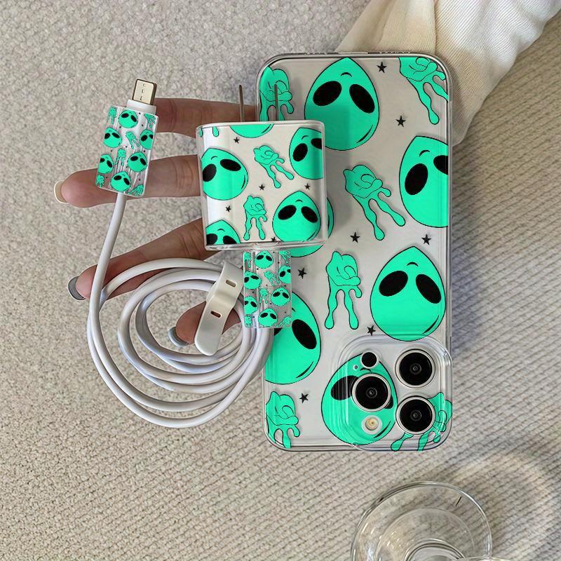 iPhone Case Set, Transparent Alien Design, Shockproof Protective Cover for iPhone 15 Series & More, Includes Charger Protector & Cable Wrap, Accessories