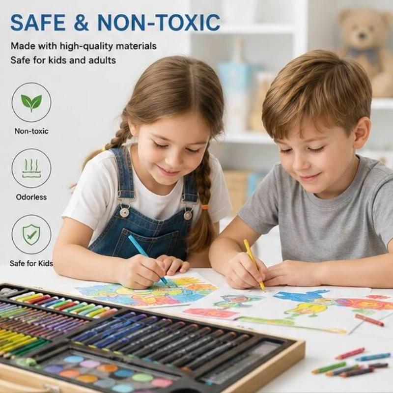 180-Piece Wooden Art Set, Dual-Layer Wood Box, Non-Toxic Washable, DIY Tools for Kids, School Art Supplies, Birthday Gift Box