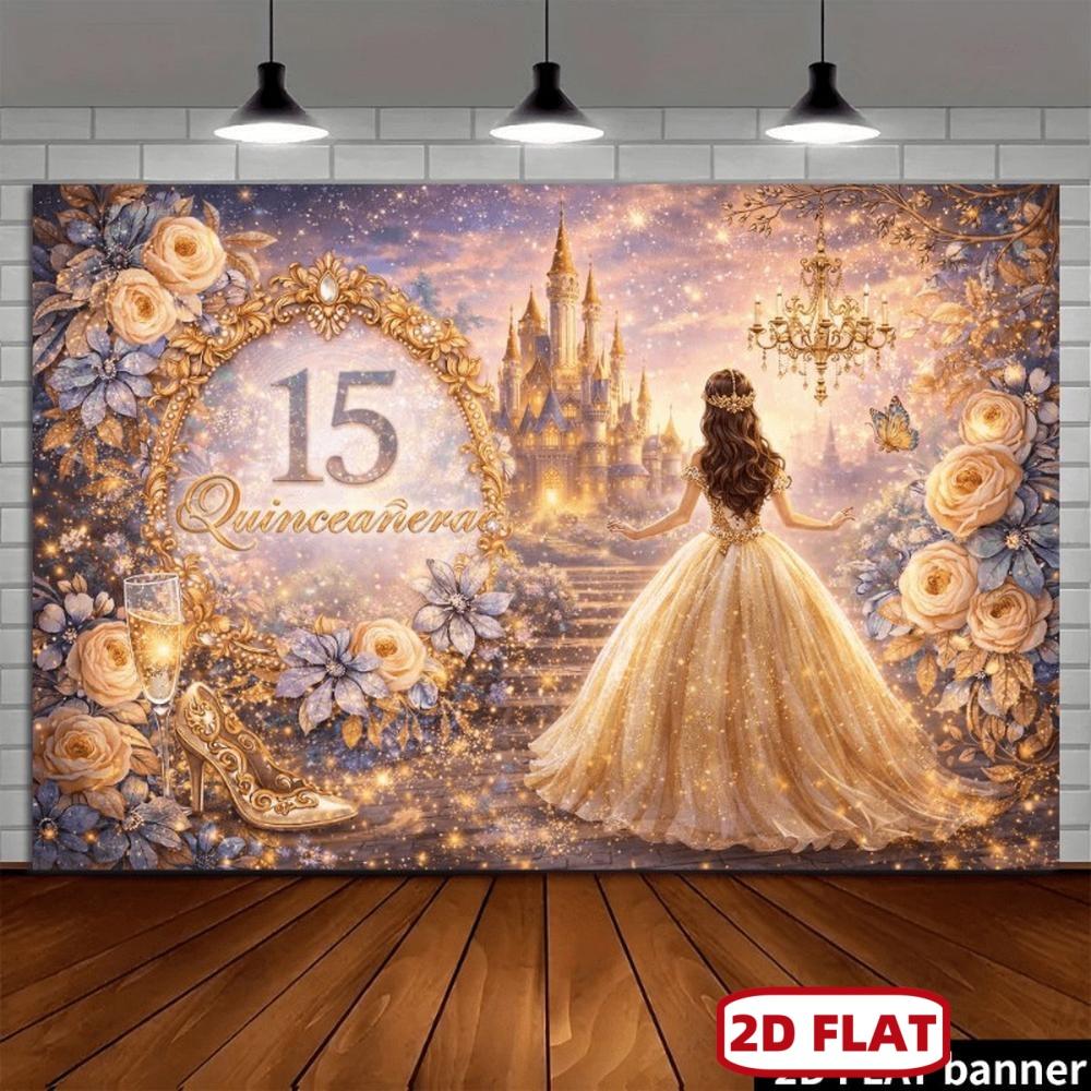 Quinceañza 15th Birthday Backdrop with Golden Number 15, Ornate Floral Castle & Crystal Chandelier - Suitable for Indoor/Outdoor Party Decorations, Photo Background for Quinceañera Celebrations, No Power Required,