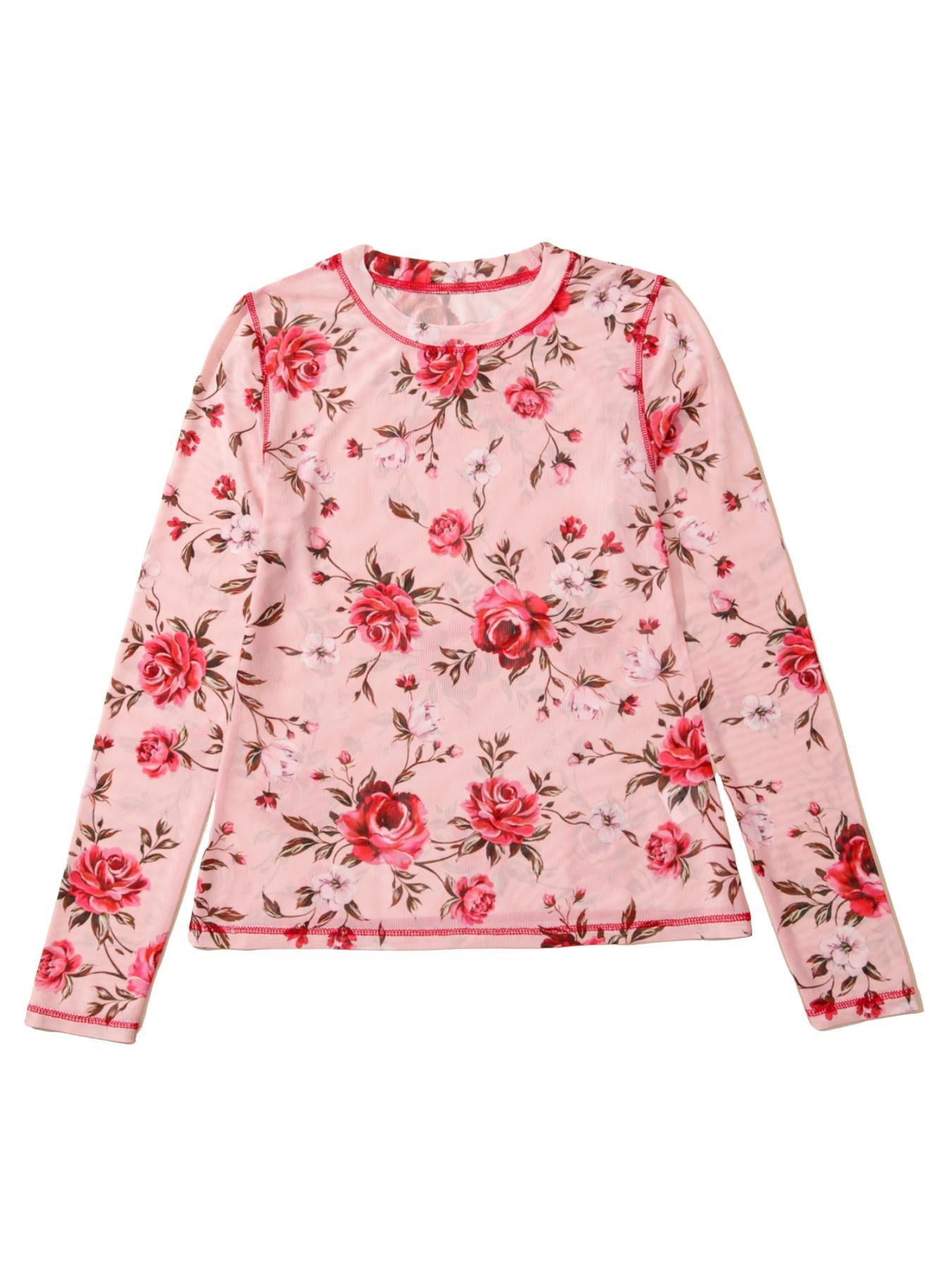 Elegant Floral Print Mesh Round Neck Slim Fit Long Sleeve Top, Hotapei Women's Fashion Blouse Shirts, Casual Wear for Spring and Fall