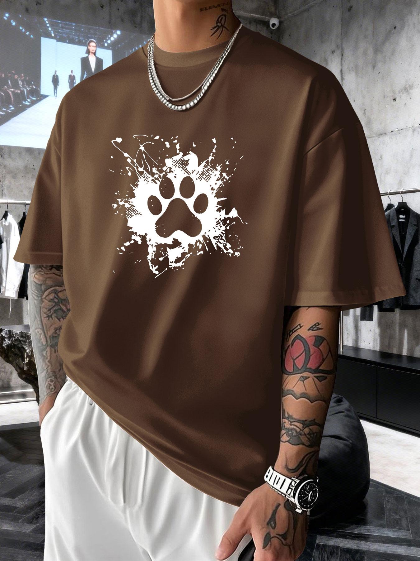 Men's Short Sleeve T-Shirt Summer, Dog Paw Cat Paw Ink Creative Print, Heart Healing Style, Loose Fit Drop Shoulder Top
