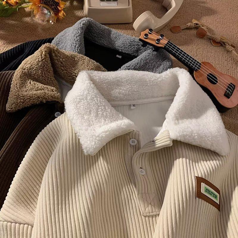 2025 NEW Corduroy Polo collar sweater couple autumn and winter style plus velvet thickened simple fashion lamb wool coat Comfort Long Sleeve