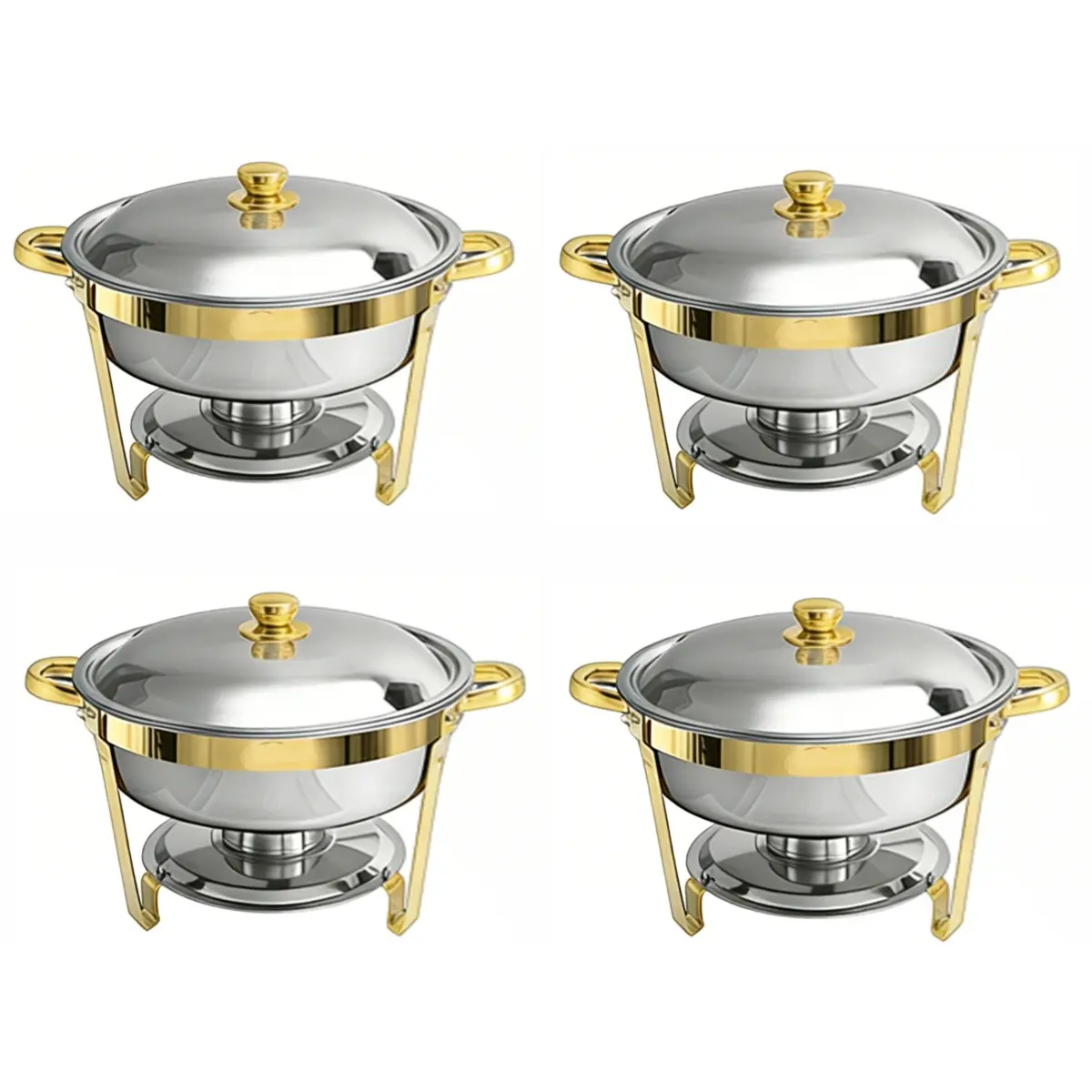 Aobtkel Golden Round Stainless Steel Buffet Catering Pans - 4-Piece Set, Stackable, 5 Qt Capacity, 2-Piece Set Compatible, for Home, Outdoor & Formal Events Kitchenware