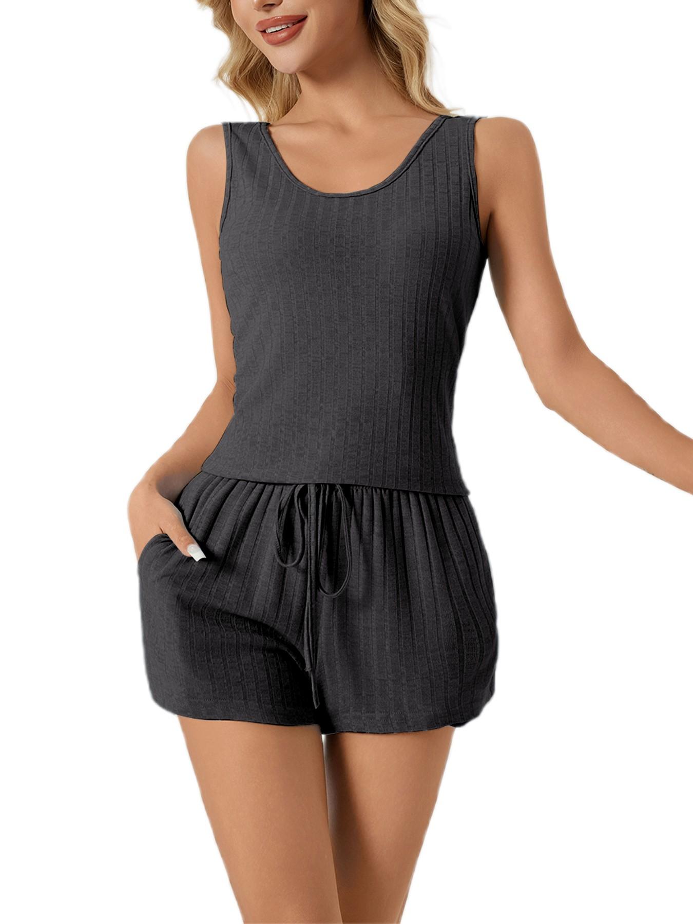 Women's 2-Piece Sleeveless Summer Pajamas Set, Ribbed Knit Tank & Shorts, Casual Fitted Elastic Design, Solid Color Loungewear