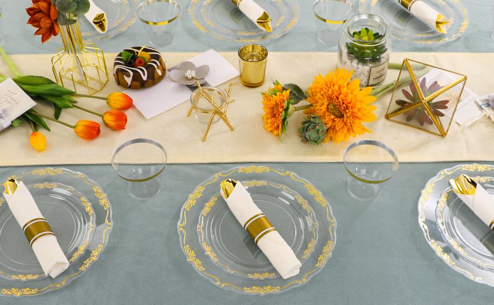 White Gold/Clear Gold/White Silver/Black Gold Plates ware Set: Dinner Plates,Dessert Plates, Cups,Napkins,Knife, forks, spoons-Perfect for Party