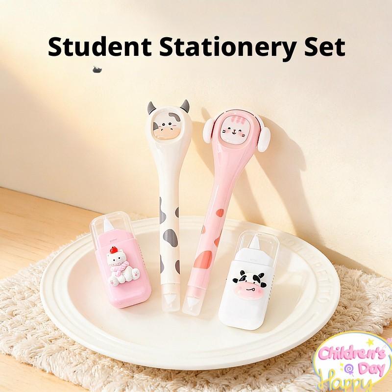 6/12 pcs Creative Theme Stationery Set, Includes Ten Color Pens, Eraser, Neutral Pen, Pencil, Correction Tape, Cow and Cat Themes, Multifunctional Writing Tools, Ballpen Set, Perfect Office & Study Supplies for Children's Day gift