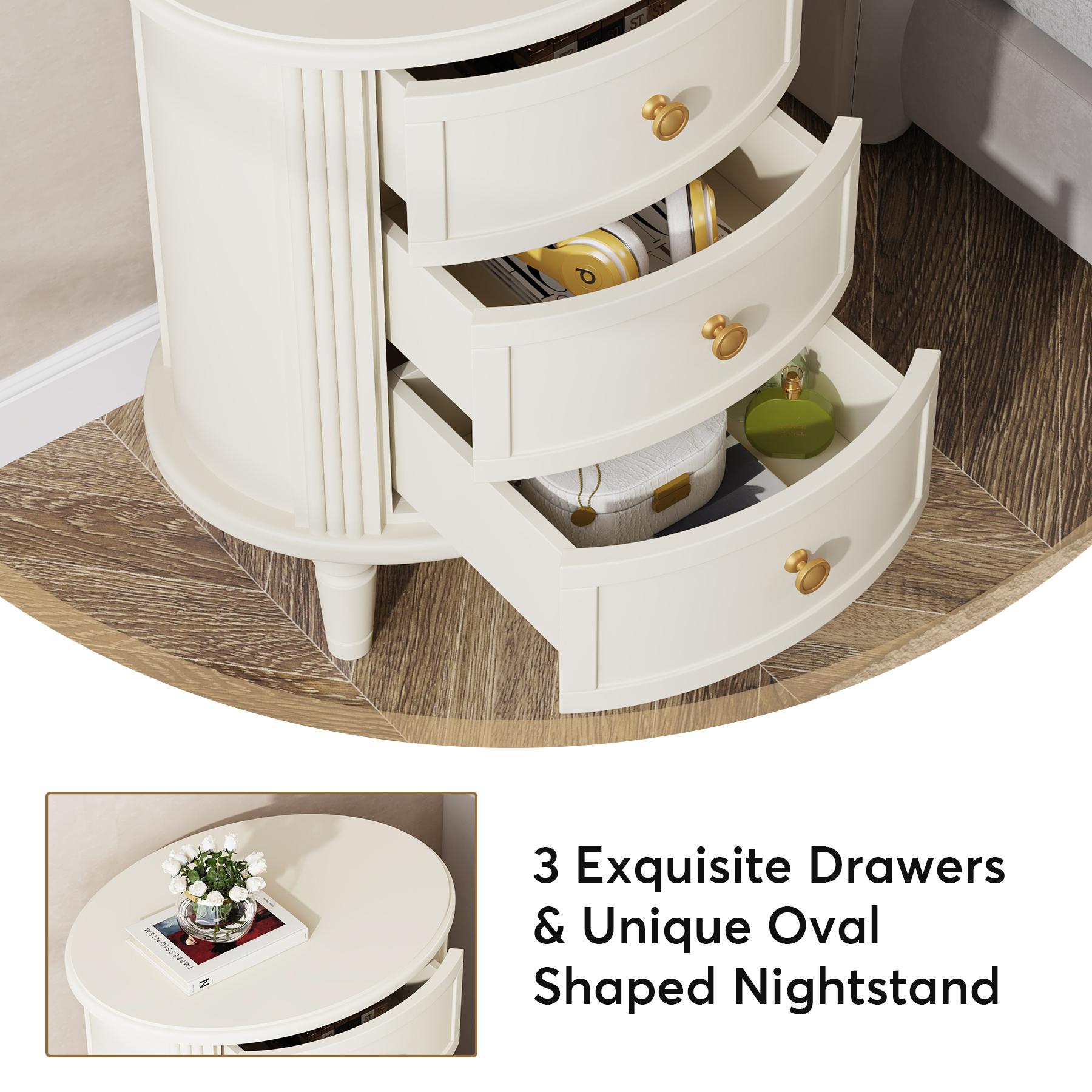 LITTLE TREE Nightstand with 3 Drawers, Oval Bed Side Table for Bedroom, Fully Assembled, Farmhouse Night Stand with Storage, Wooden Side End Table with Solid Wood Legs for Living Room