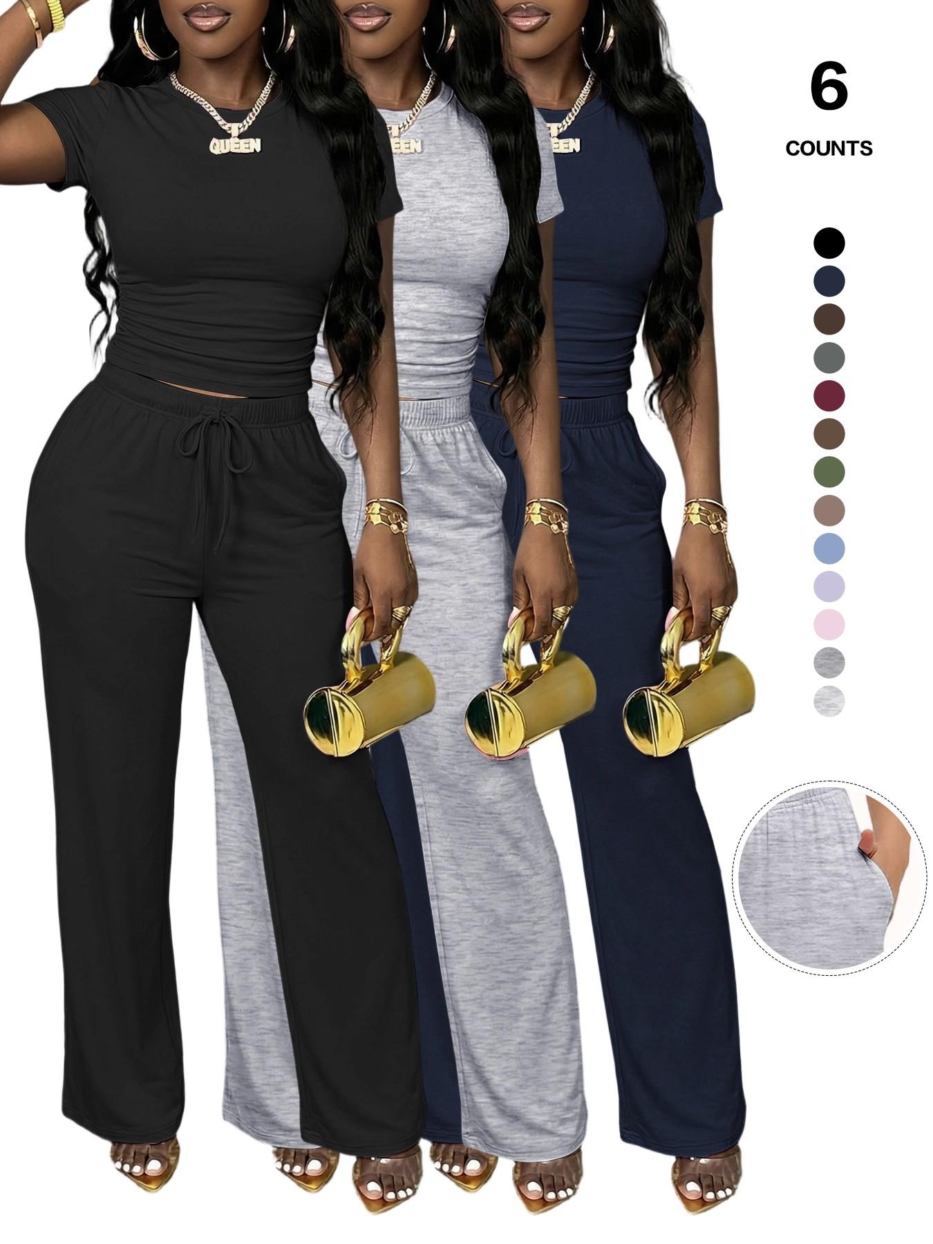 Women's Spring Summer Casual Set, Round Neck Short Sleeve Top & Wide Leg Pants, Slim Fit Home Wear, 2 Piece Comfortable, Casual Fashion Set