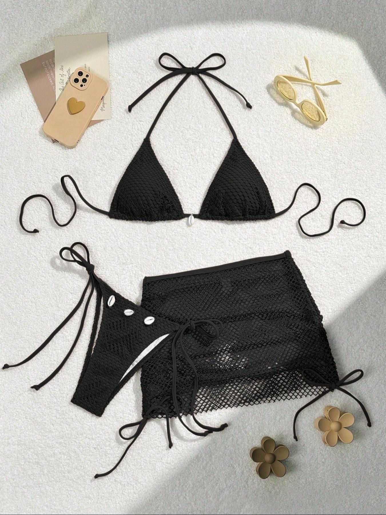 2026 Three-Piece Swimsuit Style Bikini Set with Sheer Net Top and Skirt, Women's Summer Swimwear for Beach Vacation, Elegant and Stylish Swimsuit