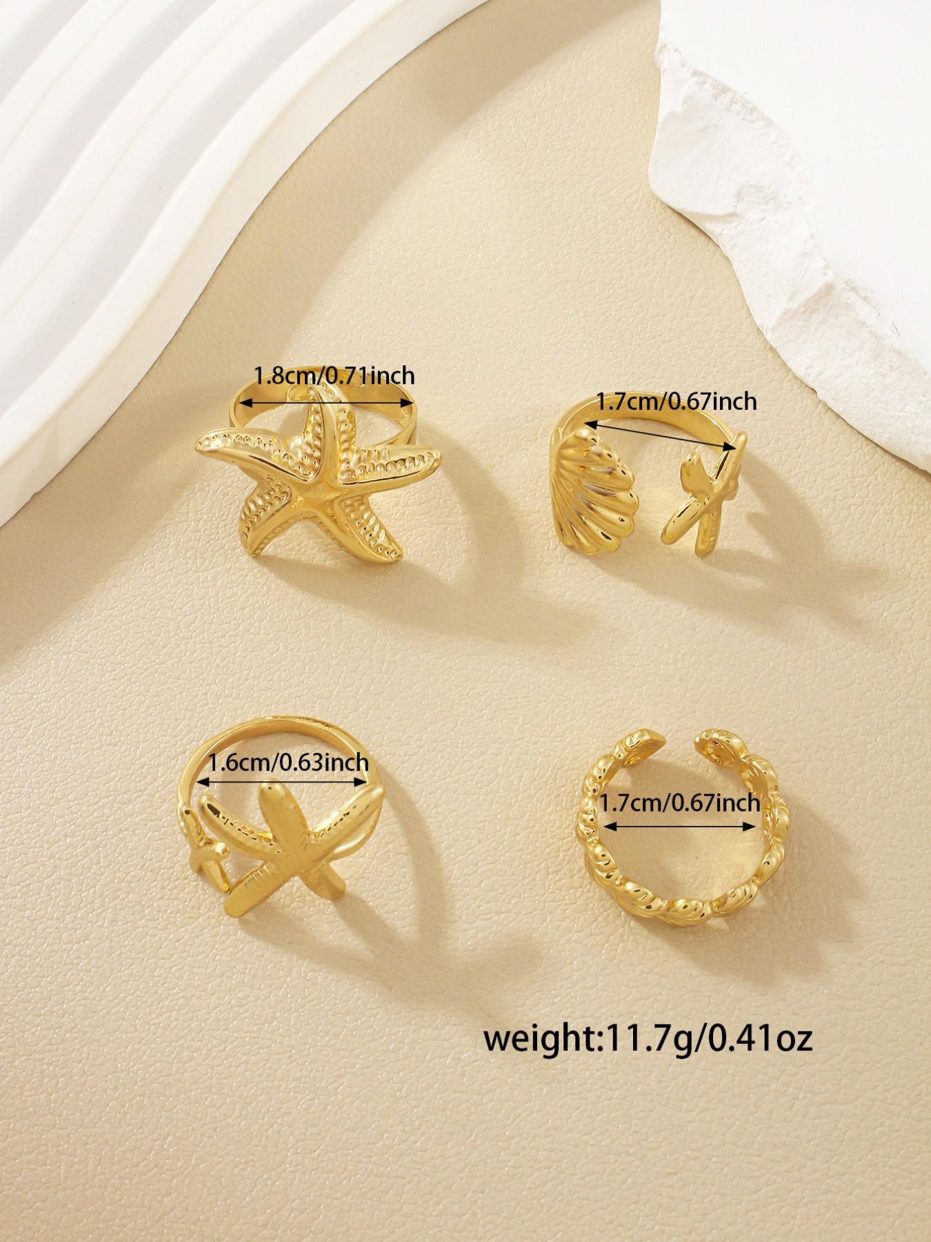 4 Piece Starfish Shell Rings Set, Elegant Sea Inspired Jewelry for Women, Perfect Gift for Beach Lovers