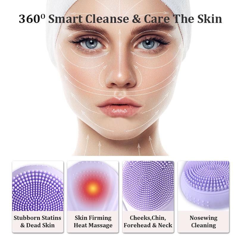 Multifunctional Electric Facial Cleansing Brush, Rechargeable Waterproof with Heating Massage and Ultrasonic Vibration, Silicone Face Cleaner，Perfect for at-home and travel skincare, an ideal holiday gift.
