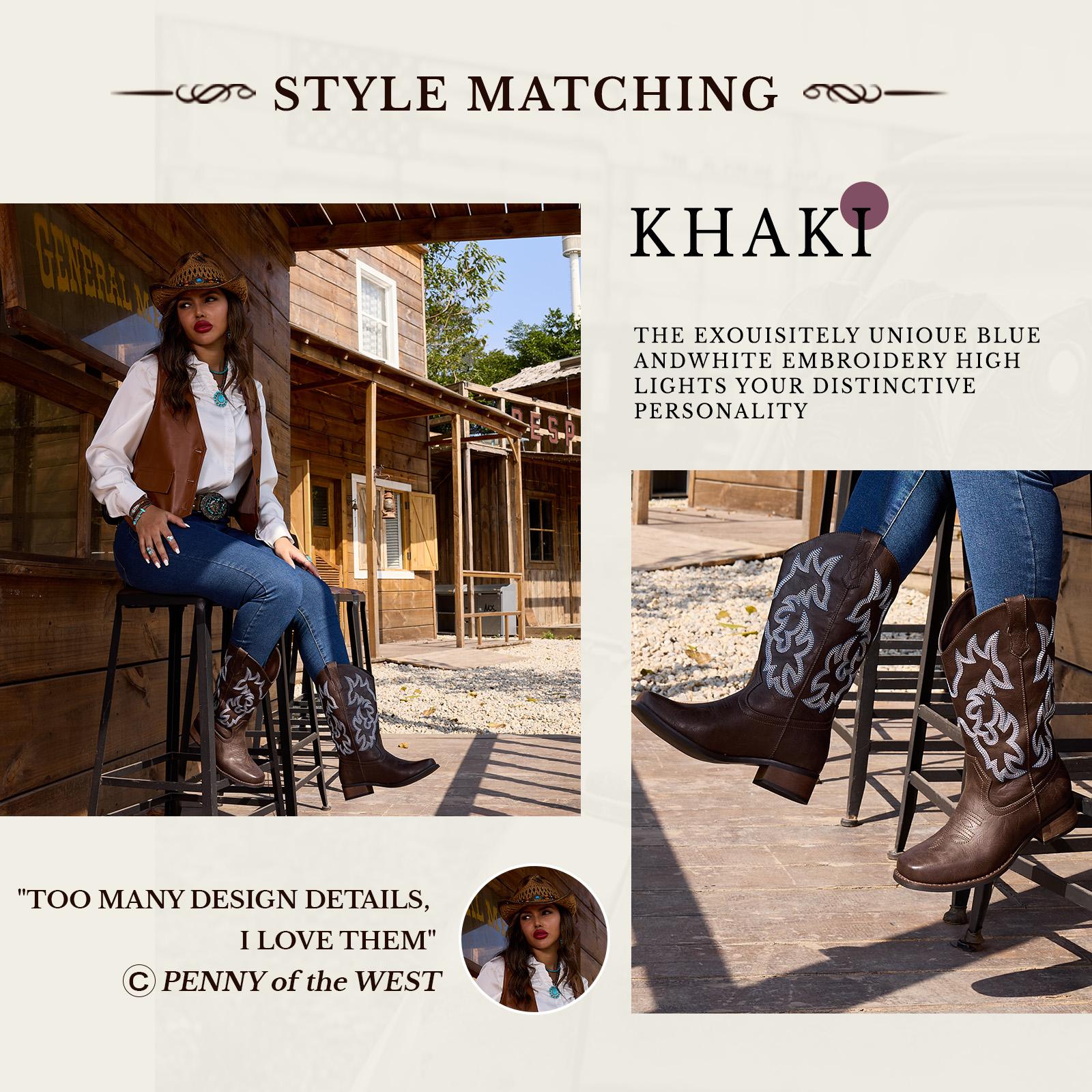 IUV Cowboy Boots For Women Square Toe Cowgirl Boots Mid Calf Western Boots Pull On Fashion Cowboy Boots