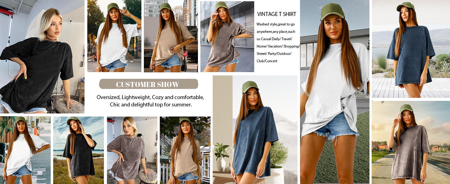 Danedvi Womens Oversized T Shirts Vintage Cotton Tees Crewneck Short Sleeve Washed Summer Tunic Tops