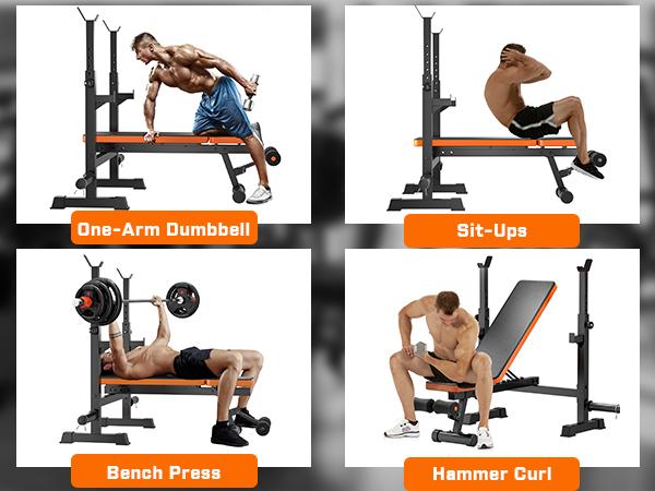 Hapsor Adjustable Weight Bench Set - Multi-Functional Press Rack with Squat Stand, Home Gym Olympic Weight Bench, Removable Foot Catch, Dumbbell Storage, Supports 770LBS, Bold Orange & Black Workout Equipment - Springtok