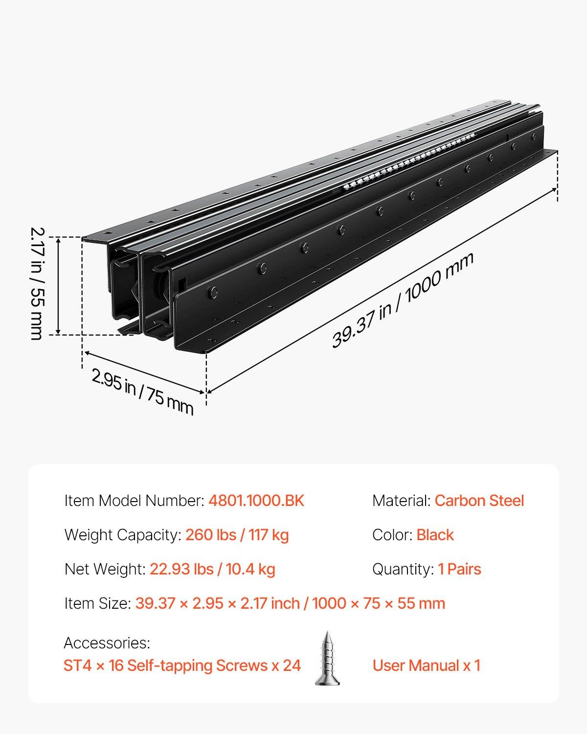 VEVOR Undermount Drawer Slides, 40 in Undermount Type, Full Extension Ball Bearings, 260 LB Heavy Duty Bottom Rails, Stair Cabinet Glides Track Runners, for DIY Replacement, Black