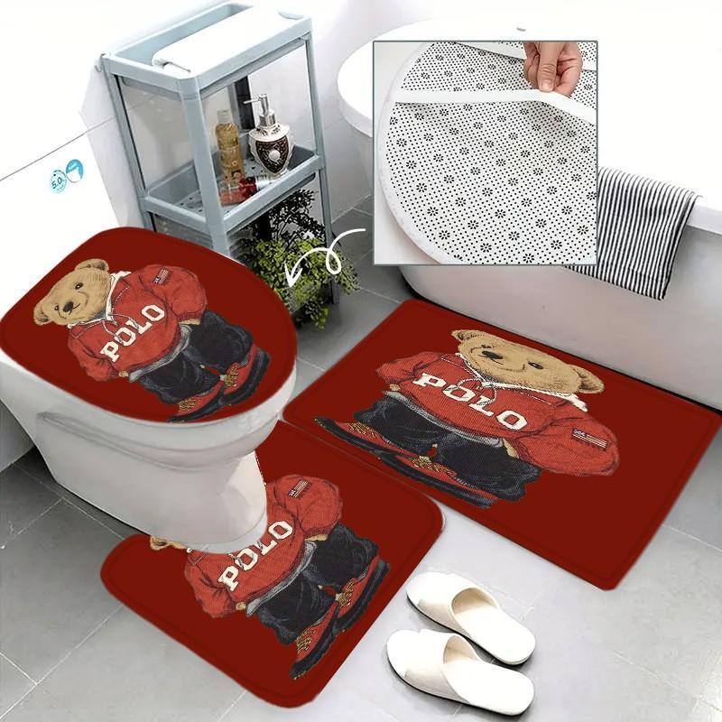 Vintage Bear Polo Shower Curtain Set, Home Bathroom Gift, Includes 12 Hooks, Non-Slip Bath Mat, U-Shaped Toilet Lid Pad