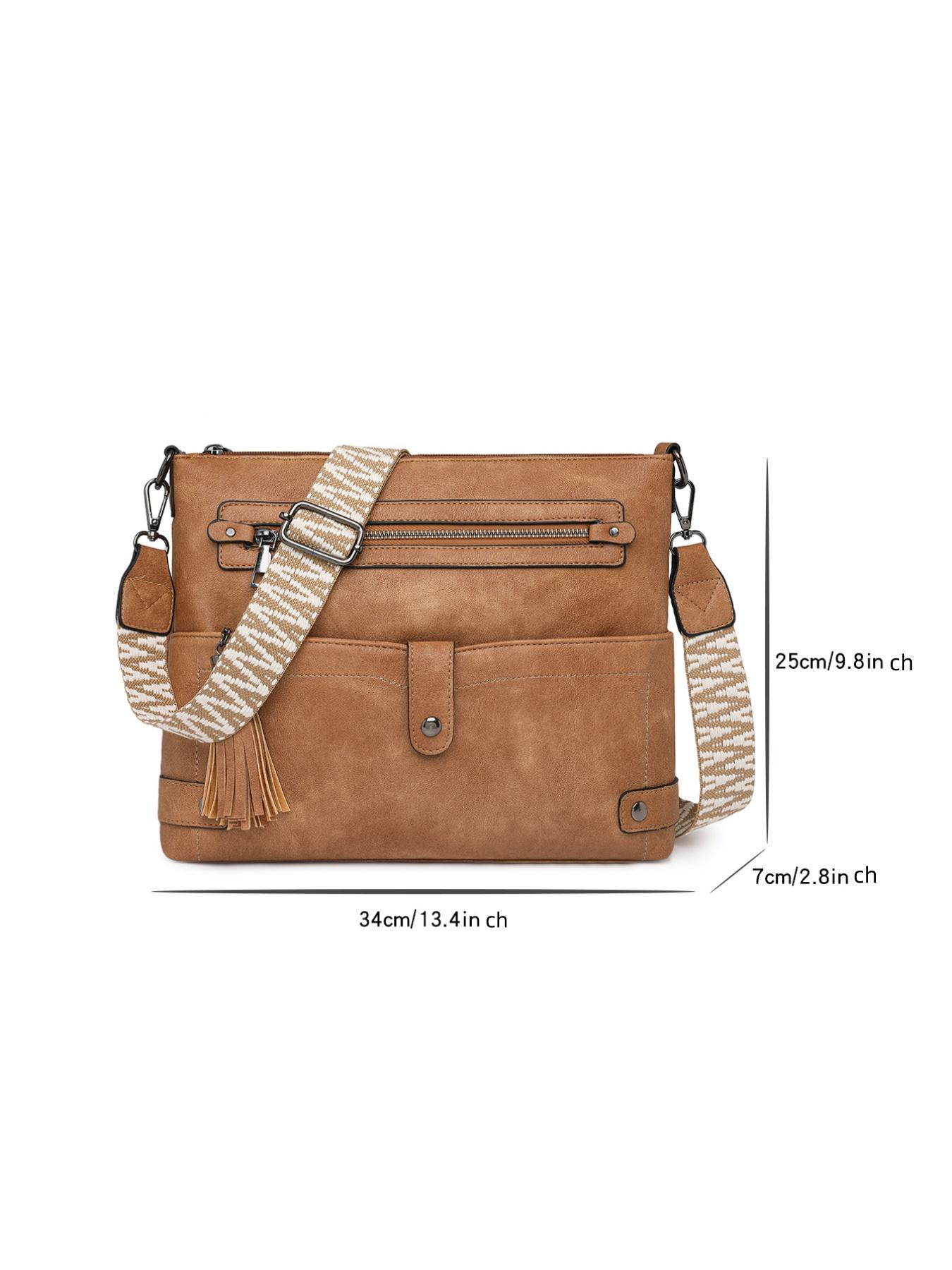 Vintage PU Crossbody Bag, Wide Strap Fringe Design, Large Capacity Shoulder Bag, Casual All-Season Tote, Multi-Layer Anti-Theft, Adjustable Strap