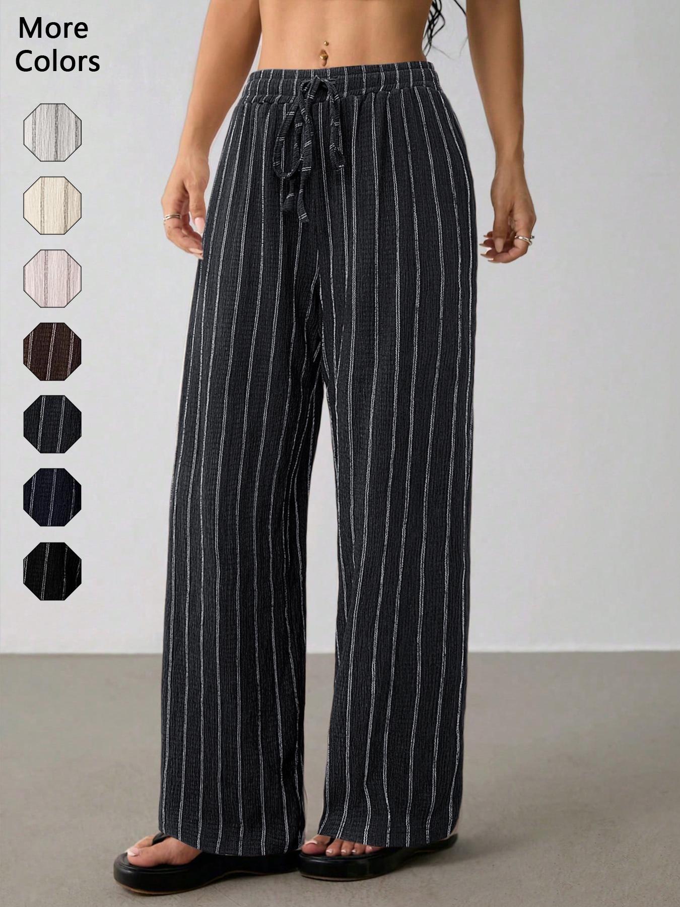 Women's Striped Waist-Tie Straight-Leg Loose Streetwear Pants, Casual Style, Moderate Fabric Thickness, All-Season Wear