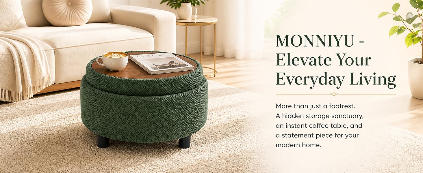 25" Round Fabric Tufted Storage Ottoman - Dark Brown, Reversible Wood Tray Top, Hidden Storage for Blankets & Pillows, Short, Modern, Fixed Arms, No Fire Safety Label, Assembly Required Footrest/Coffee/Side Table for Living Room Small Spaces