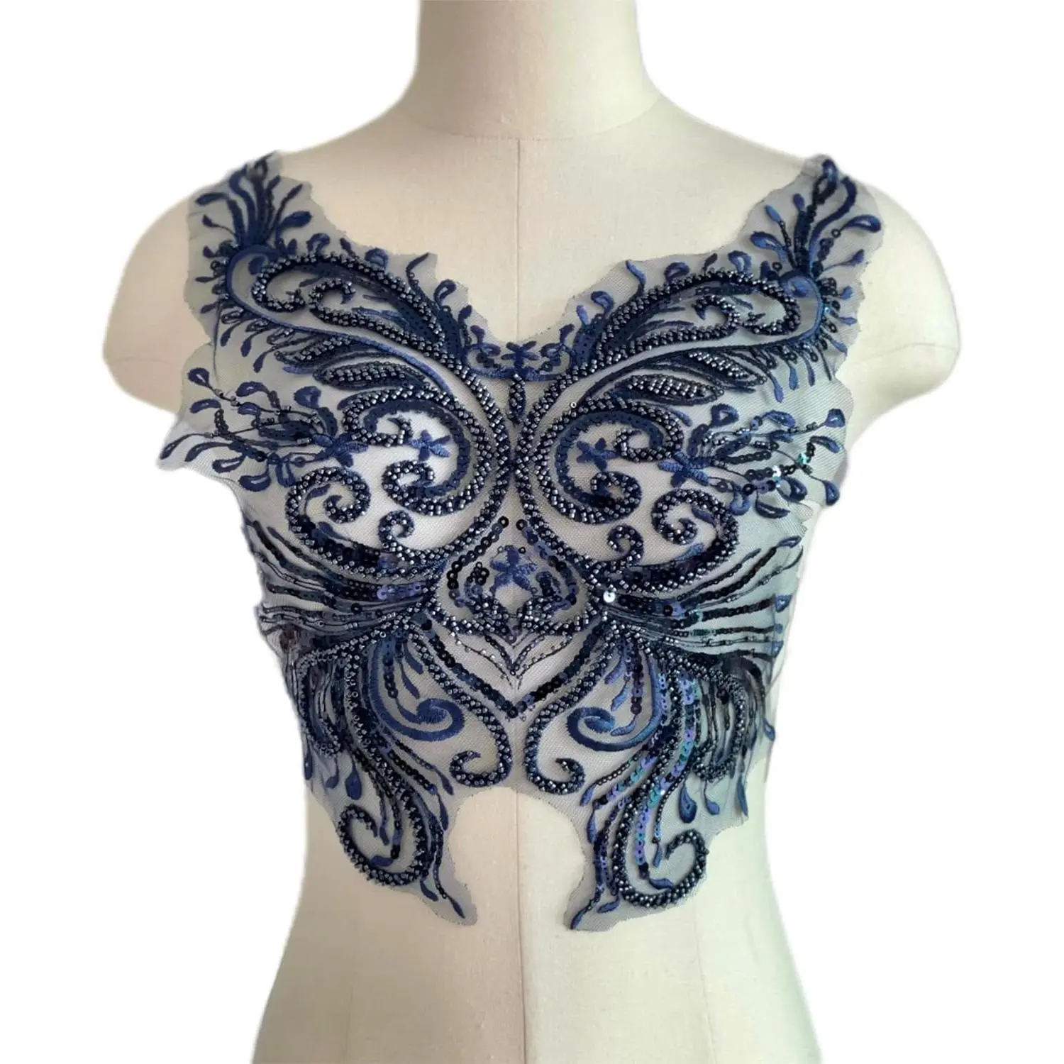 Flower Sequin Appliques, Navy Blue Appliques, Bodice Applique, Beaded Applique for Dresses, Dancewear, Evening Gowns, Apparel and More (Navy Blue)