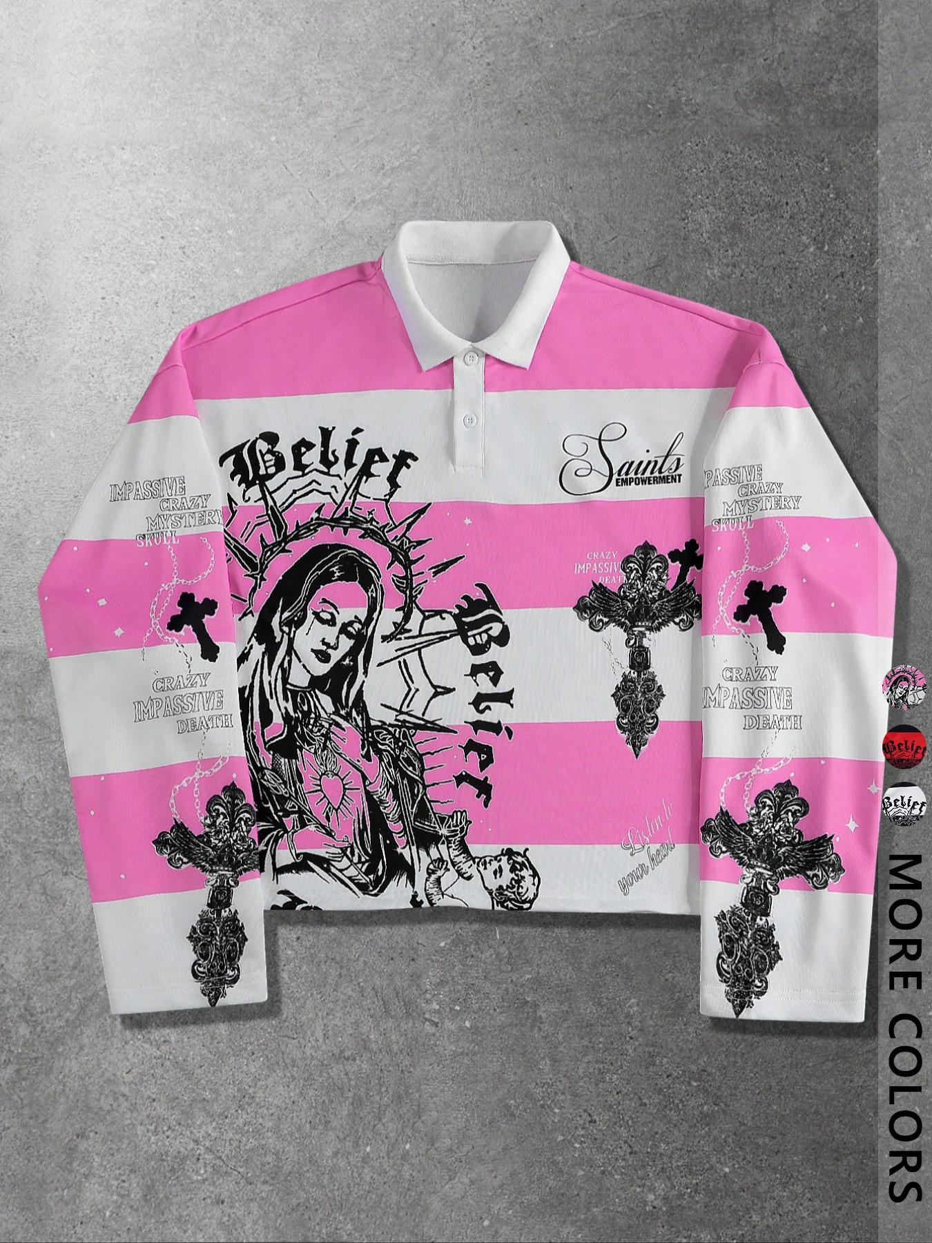 Unisex Y2K Style Virgin Mary & Saints Cross Print Striped Hoodie, Casual Streetwear, Couple, Trendy Pullover, Men's Gift